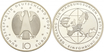 ФРГ 10 евро 2002 F, введение европейской валюты KM 215, DE.S. 10.1 серебро PROOF 1087-9-53