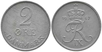 ДАНИЯ 2 ЭРЕ 1967 C; S, ФРЕДЕРИК IX (1947-1972) KM 840.2 цинк UNC 34-514