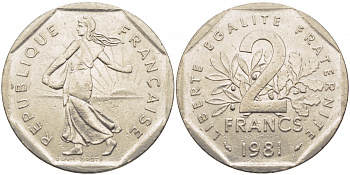 ФРАНЦИЯ 2 ФРАНКА 1981 СЕЯТЕЛЬ KM 942.1, LE FRANC 272.5 никель 175-1032