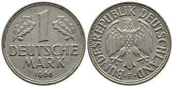 ФРГ 1 МАРКА 1966 F KM 110, J. 385 медно-никель 41-1213