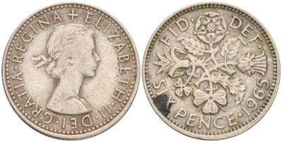 Великобритания 6 пенсов 1965 Елизавета II (1952-2022) KM 903, Spink 4149 медно-никель 192-241