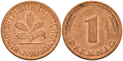 ФРГ 1 пфенниг 1990 D KM 105, J. 380 сталь плакированная медью    4598-659