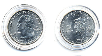 США 25 центов = квотер 2000 Р, серия штаты США, Нью-Гэмпшир KM 308 медь плакированная медно-никелем UNC 61-646