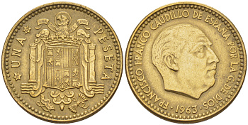 Испания 1 песета 1963 (65) Франсиско Франко (1939-1975) KM 775 алюминиевая бронза 216-555