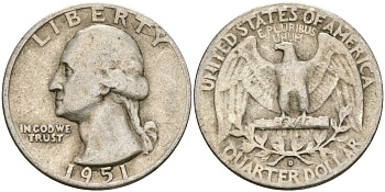 США 25 центов = квотер 1951 Вашингтон KM 164 серебро 4573-1225