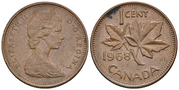 Канада 1 цент 1968 Елизавета II (1952-2022), кленовый лист KM 59.1 бронза 4609-134