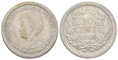 Нидерланды 10 центов 1916 Вильгельмина (1890-1948) KM 145 серебро 4151-149