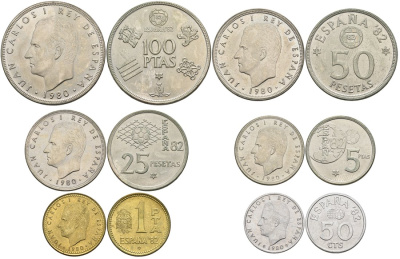 Испания официальный набор из 6 монет (50 сентимов; 1, 5, 25, 50 и 100 песет) 1980 чемпионат мира по футболу в Испании 1982 года KM MS11 (815, 816, 817, 818, 819 и 820)  UNC 4399-1-3