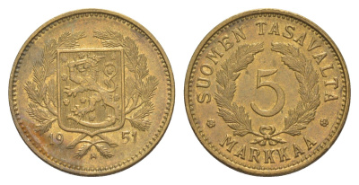 Финляндия 5 марок 1951 KM 31a латунь aUNC 4648-624