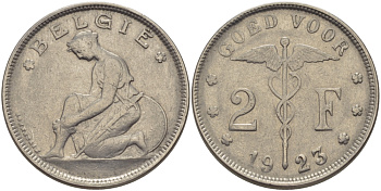 Бельгия 2 франка 1923 Belgie, Альберт I (1909-1934) KM 92 никель 28-246