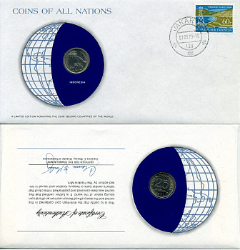 ИНДОНЕЗИЯ 25 РУПИЙ 1971 КОНВЕРТ С МАРКОЙ ПЕРВОГО ДНЯ ГАШЕНИЯ, COINS OF NATIONS KM 34 медно-никель UNC 4294-30-3