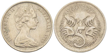 АВСТРАЛИЯ 5 ЦЕНТОВ 1969 ЕЛИЗАВЕТА II (1952-) МОЛОДОЙ ПОРТРЕТ, ЕХИДНА KM 64 медно-никель 4516-651