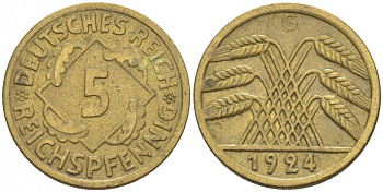 ГЕРМАНИЯ 5 РЕЙХСПФЕННИГОВ 1924 G, KM 39, J. 316 алюминиевая бронза 110-237
