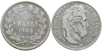 Франция 5 франков 1835 K, Луи Филипп I (1830-1848) KM 749.7 серебро 4386-223