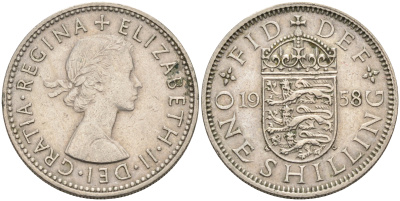 Великобритания 1 шиллинг 1958 Елизавета II (1952-2022), Английский герб KM 904, Spink 4147 медно-никель    4595-845