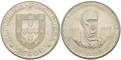 Португалия 25 эскудо 1977 100 лет со дня смерти Александро Геркулано KM 608 медно-никель 4542-831