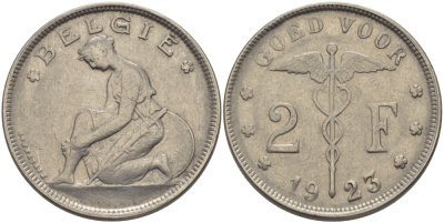 Бельгия 2 франка 1923 Belgie, Альберт I (1909-1934) KM 92 никель 28-246