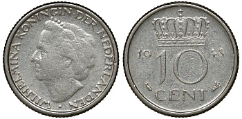НИДЕРЛАНДЫ 10 ЦЕНТОВ 1948 ВИЛЬГЕЛЬМИНА KM 100 медно-никель 72-1124