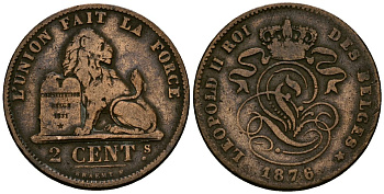 Бельгия 2 сантима 1876 Belges, Леопольд II (1865-1909) KM 35.1 медь 4548-544