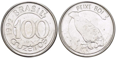 БРАЗИЛИЯ 100 КРУЗЕЙРО 1992 РЕФОРМА 1990-1993, ЛАМАНТИН KM 623 нержавеющая сталь 4392-436