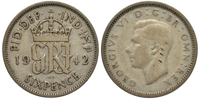 Великобритания 6 пенсов 1942 Георг VI (1936-1952) KM 852, Spink 4084 серебро 4538-454