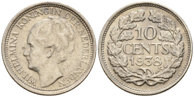Нидерланды 10 центов 1938 Вильгельмина I (1890-1948) KM 163 серебро    4598-135