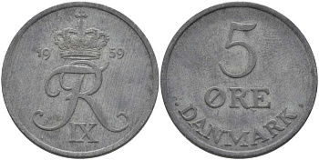 ДАНИЯ 5 ЭРЕ 1959 C; S, ФРЕДЕРИК IX (1947-1972) KM 843.2 цинк 38-415