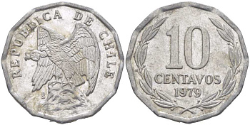 Чили 10 сентаво 1979 KM 205a алюминий 4402-446