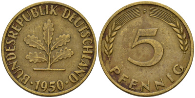 ФРГ 5 пфеннигов 1950 F J.382, KM 107 сталь плакированная латунью    4598-812