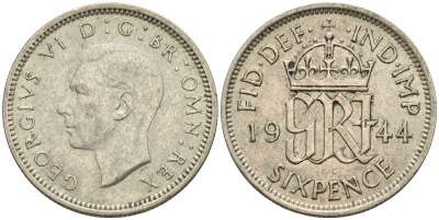 Великобритания 6 пенсов 1944 Георг VI (1936-1952) KM 852, Spink 4084 серебро    4564-659
