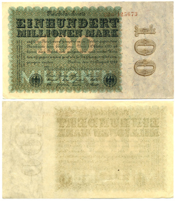 ГЕРМАНИЯ 100000000 МАРОК 1923 Pick 107а бумага 7547-53-1