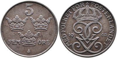 Швеция 5 эре 1943 Густав V (1907-1950) KM 812 железо 4389-126