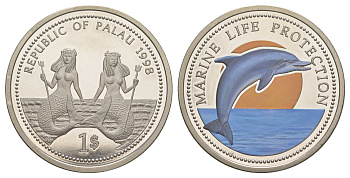 Палау 1 доллар 1998 Защита морской жизни - Дельфин KM 25 медно-никель PROOF 3896-124