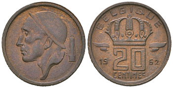 Бельгия 20 сантимов 1962 Belgique, Бодуэн I (1951-1993), самый редкий год тиража - 410.000 экземпляров KM 146 бронза aUNC 4044-921
