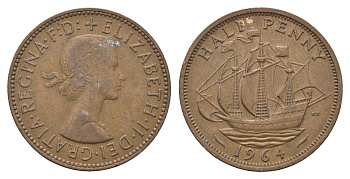 Великобритания 1/2 пенни 1964 Елизавета II (1952-2022) KM 896, Spink 4158 бронза 4662-1226