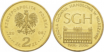 Польша 2 злотых 2006 MW, 100 лет Варшавской школы экономики KM 609 латунь UNC 69-1111