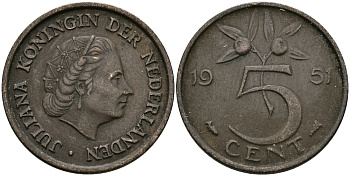 НИДЕРЛАНДЫ 5 ЦЕНТОВ 1951 ЮЛИАНА KM 181 бронза 95-245