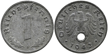 ГЕРМАНИЯ 1 РЕЙХСПФЕННИГ 1942 F KM 97, J.369 цинк 96-742