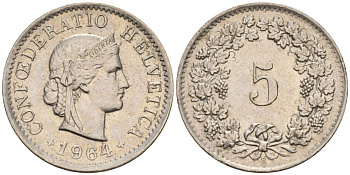 Швейцария 5 раппенов 1964 В KM 26 медно-никель 4594-619