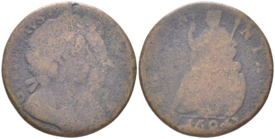 Англия 1 фартинг 1694 Вильгельм III и Мария II (1688-1694) KM 466.1a, Spink 3453 медь 4613-345