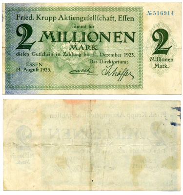 Эссен 2000000 марок (2 миллиона) 1923 14 августа 1923 - 31 декабря 1923, нотгельд, земля Северный Рейн-Вестфалия, НОМЕР ГОЛУБОЙ Keller 1429m бумага 2193-30-3-2