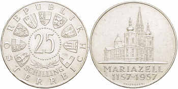 Австрия 25 шиллингов 1957 800 лет Базилике Мариацелля KM 2883 серебро 4403-611