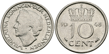 Нидерланды 10 центов 1948 Вильгельмина (1895-1948) KM 177 никель 96-528