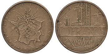 Франция 10 франков 1984 тип Матье KM 940, Le Franc 365.23-24 никель латунь 4144-1213