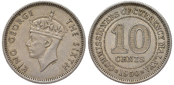 Британская Малайя 10 центов 1950 Георг VI (1937-1952) KM 8 медно-никель 4164-342