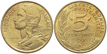 ФРАНЦИЯ 5 САНТИМОВ 1990 ТИП MARIANNE KM 933, LE FRANC 125.26 медь алюминий никель 116-456