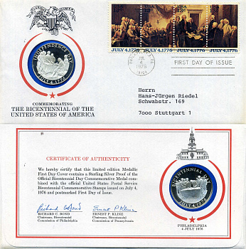 США медаль "200-летие независимости США", в красочном конверте 1976 вес 14,08 гр, диаметр 31,5 мм  серебро PROOF 7-4-2-49