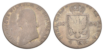 Пруссия 4 гроша 1804 A, Фридрих Вильгельм III (1797-1840) KM 370 серебро 4122-512