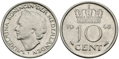 Нидерланды 10 центов 1948 Вильгельмина (1895-1948) KM 177 никель 96-528