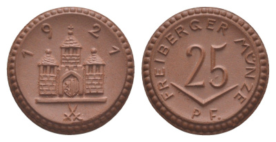 Фрайберг 25 пфеннигов 1921 Men05 8084.5, Men18 10080.5, Scheuch 117 фарфор 1094-9-65